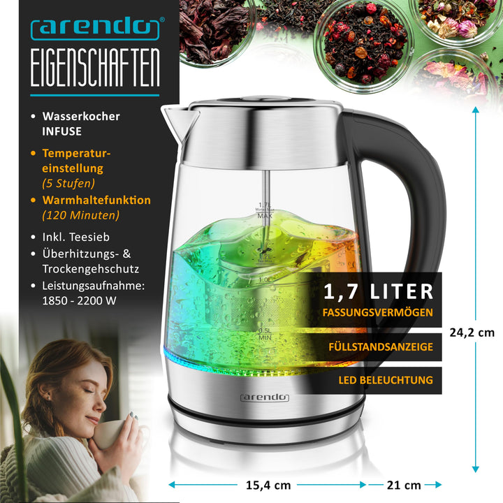 Glas Wasserkocher 2in1 mit Teesieb &amp; Temperaturwahl 1,7 L - Bild 2