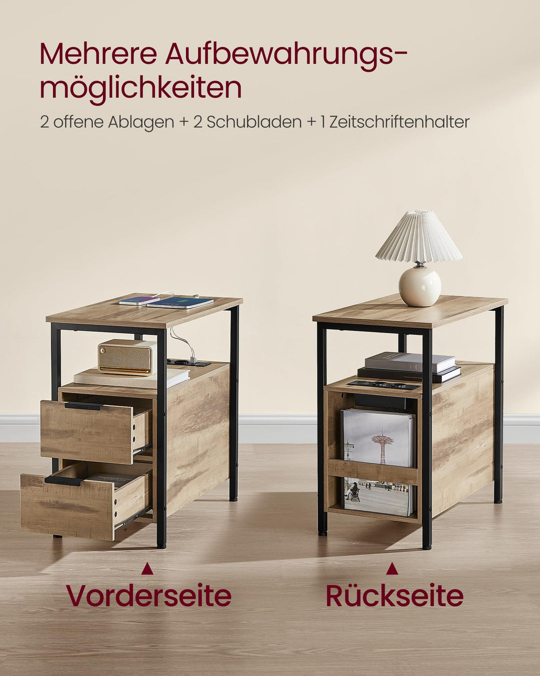 Beistelltisch mit Steckdosenleiste 2 Schubladen Stahl Holz - Bild 4