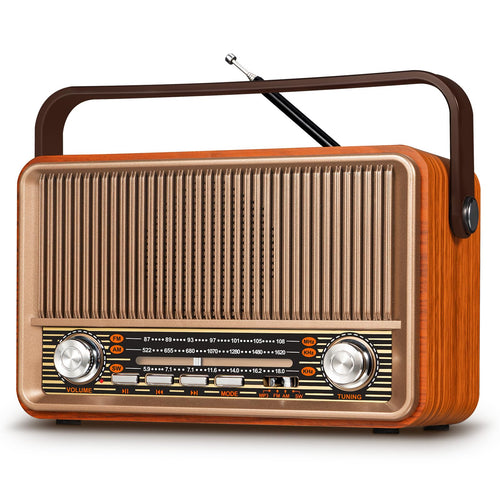 Retro Radio Klein FM/AM/SW Bluetooth 1800mAh Akku Holzoptik Gold