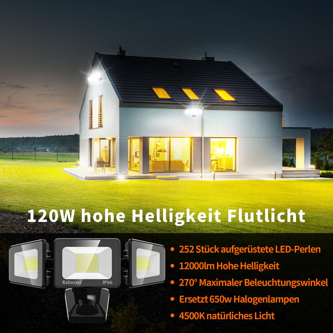 LED Flutlicht Aussen 3-Kopf 120W 12000lm IP66 Kaltweiß 6500K - Bild 3