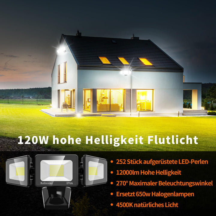 LED Flutlicht Aussen 3-Kopf 120W 12000lm IP66 Kaltweiß 6500K - Bild 3