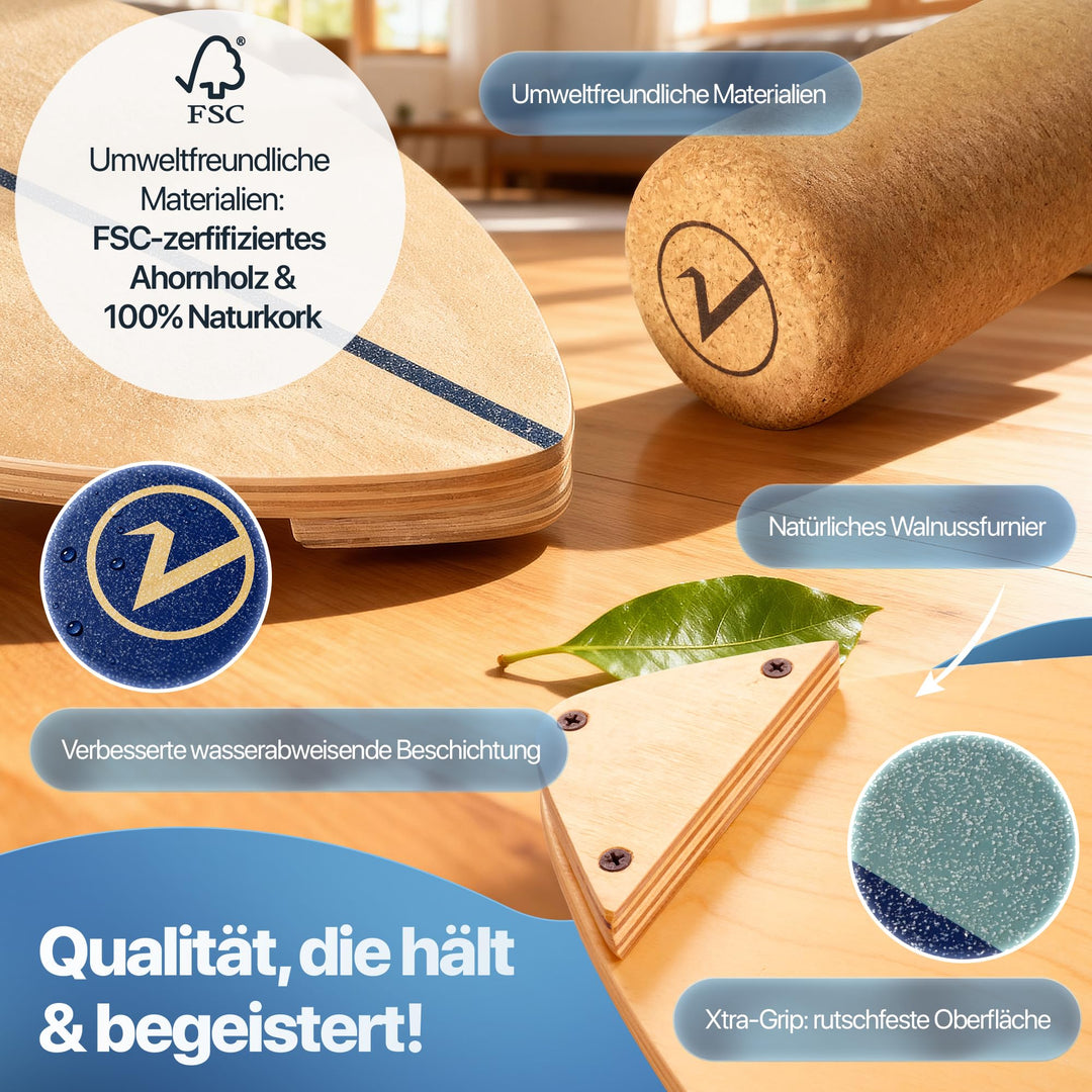 Balance Board Holz Surfboard-Form mit Korkrolle, Halterung &amp; Ball - Bild 4