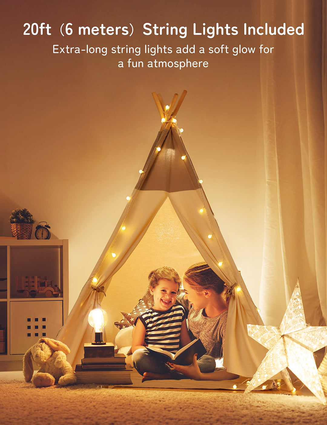 Tipi Zelt Kinder Baumwolle mit Matte und Lichterkette 120x120x155 cm - Bild 3