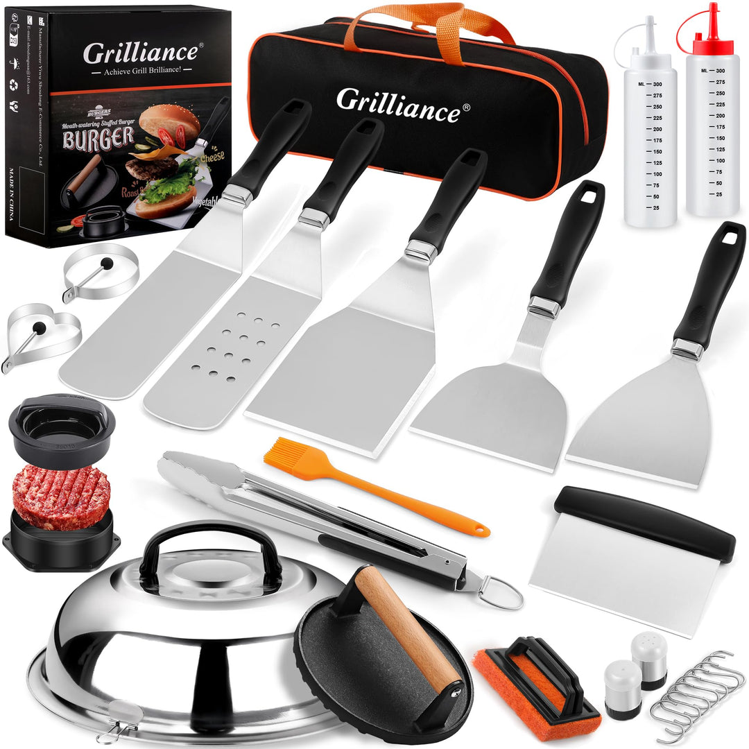 Grillbesteck Set 27-tlg Edelstahl Plancha BBQ mit Burgerpresse
