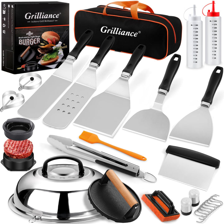 Grillbesteck Set 27-tlg Edelstahl Plancha BBQ mit Burgerpresse