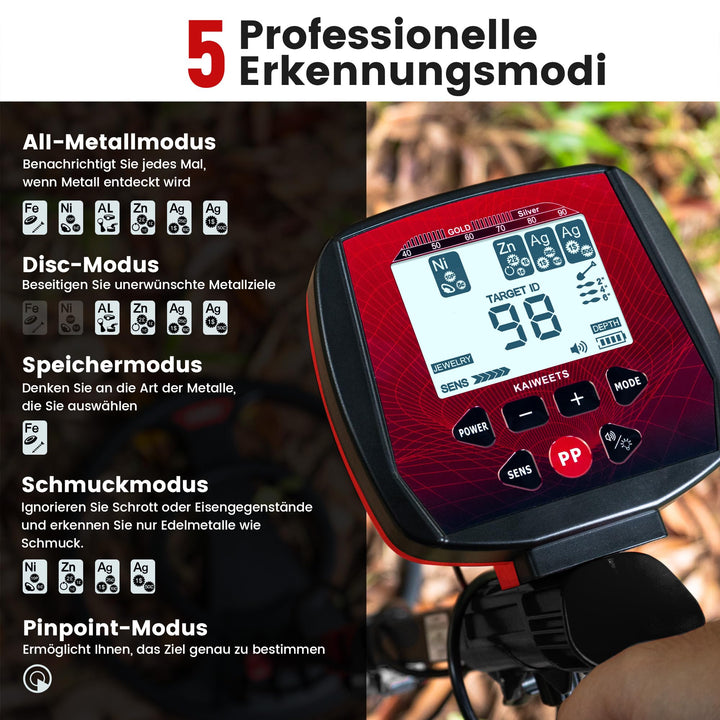 Metalldetektor 5 Modi mit Pinpointer, IP68-Spule &amp; LCD-Display - Bild 2
