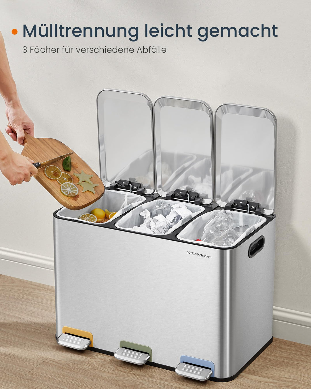 Mülltrennsystem 3-fach 45 L Edelstahl mit Softclose-Deckel - Bild 3