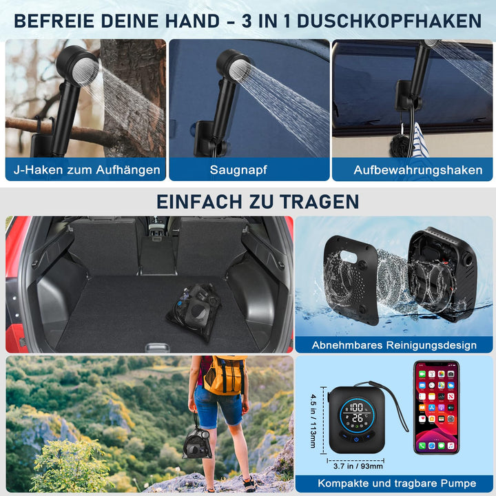 Campingdusche tragbar mit Pumpe 8000mAh Akku IPX8 LED-Display - Bild 5