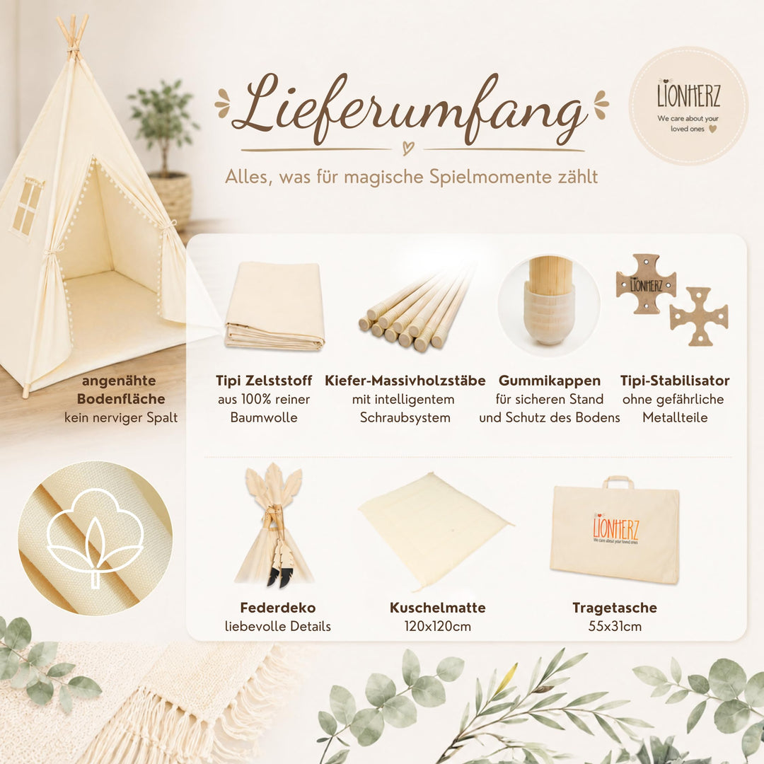 Tipi Zelt Kinder 100% Baumwolle mit Matte und Stabilisator Indoor - Bild 5