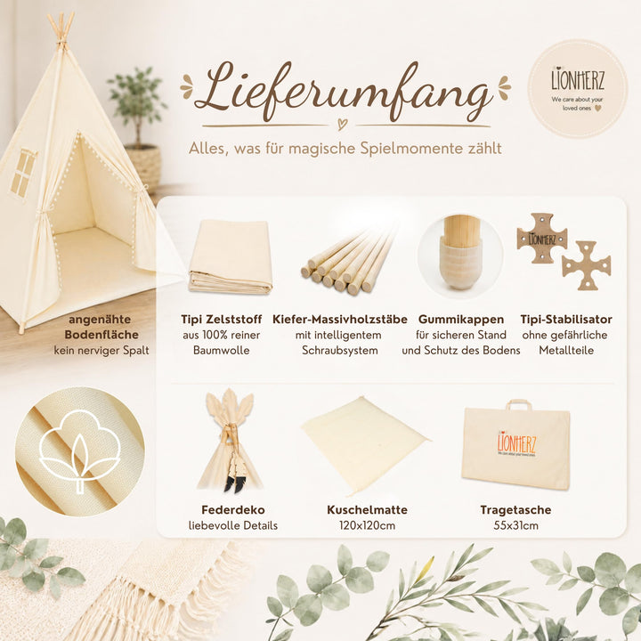 Tipi Zelt Kinder 100% Baumwolle mit Matte und Stabilisator Indoor - Bild 5