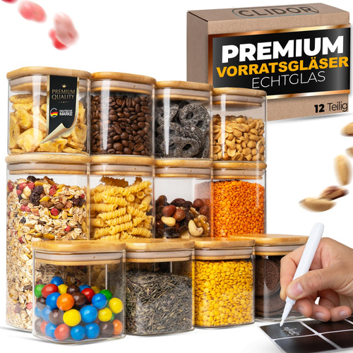 Vorratsgläser mit Bambusdeckel eckig 12er-Set 880ml & 380ml