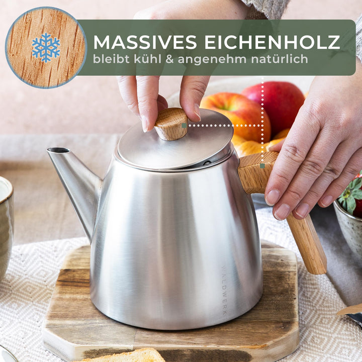 Teekanne Doppelwandig 1L Edelstahl mit Eichenholzgriff und Sieb - Bild 3