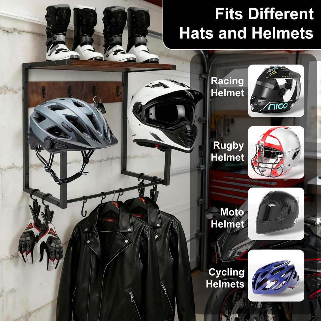 Helmhalterung Wand mit 2 Helmständern, Ablage und Haken für Garage - Bild 3