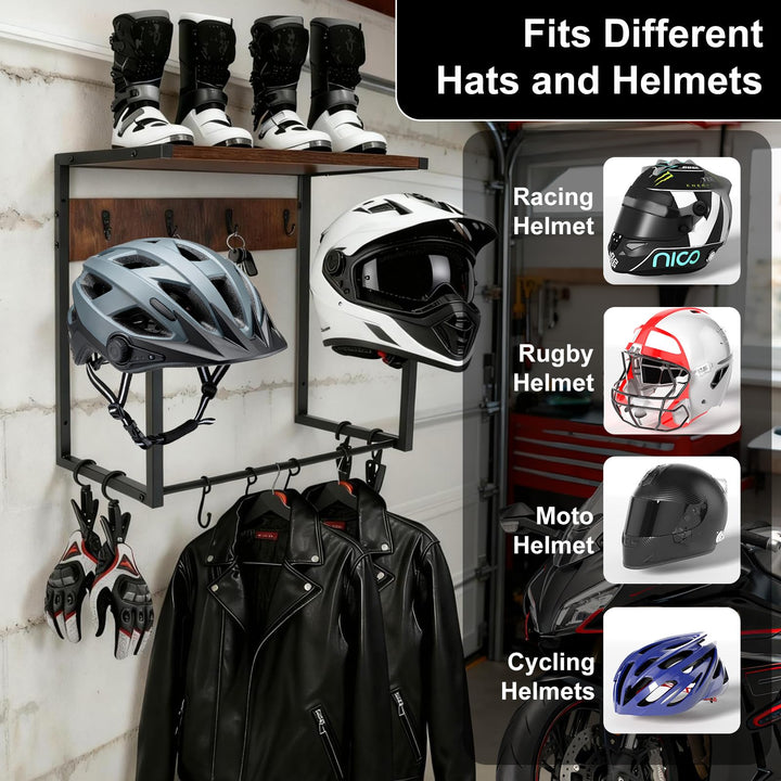 Helmhalterung Wand mit 2 Helmständern, Ablage und Haken für Garage - Bild 3