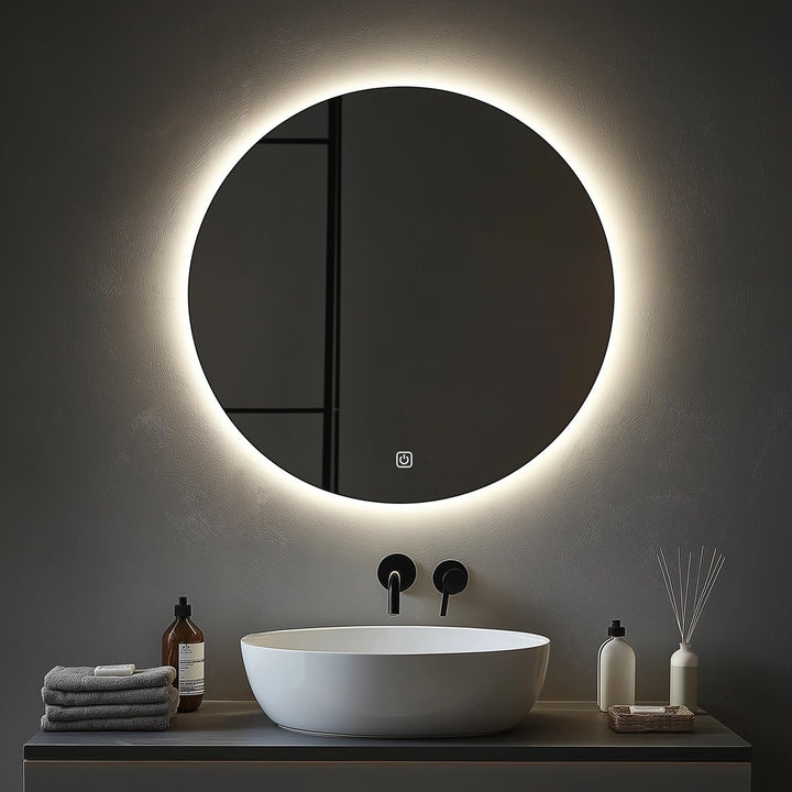 Badspiegel rund 80cm mit LED-Hintergrundbeleuchtung rahmenlos dimmbar