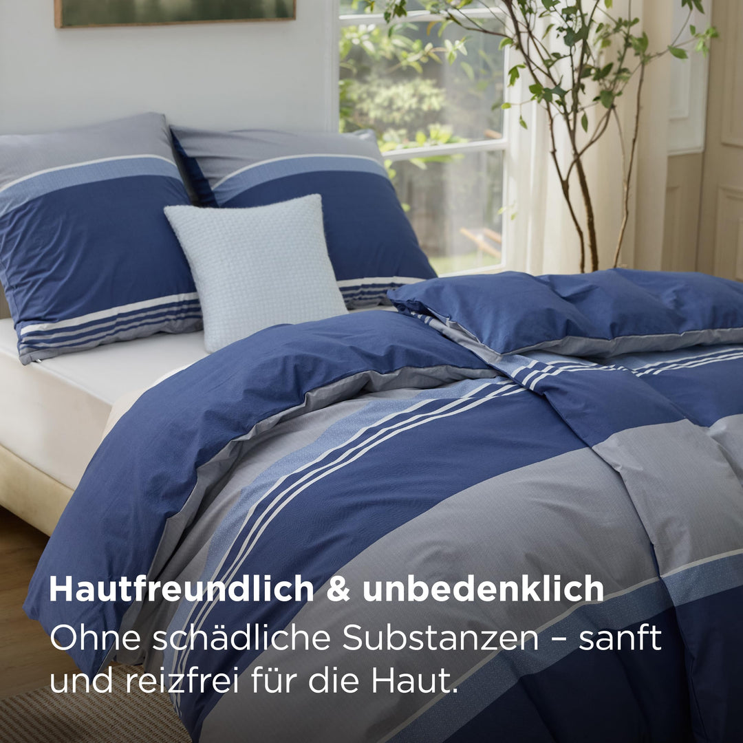 Bettwäsche 135x200 Baumwolle 4-teilig Streifen Jeansblau wendbar - Bild 4