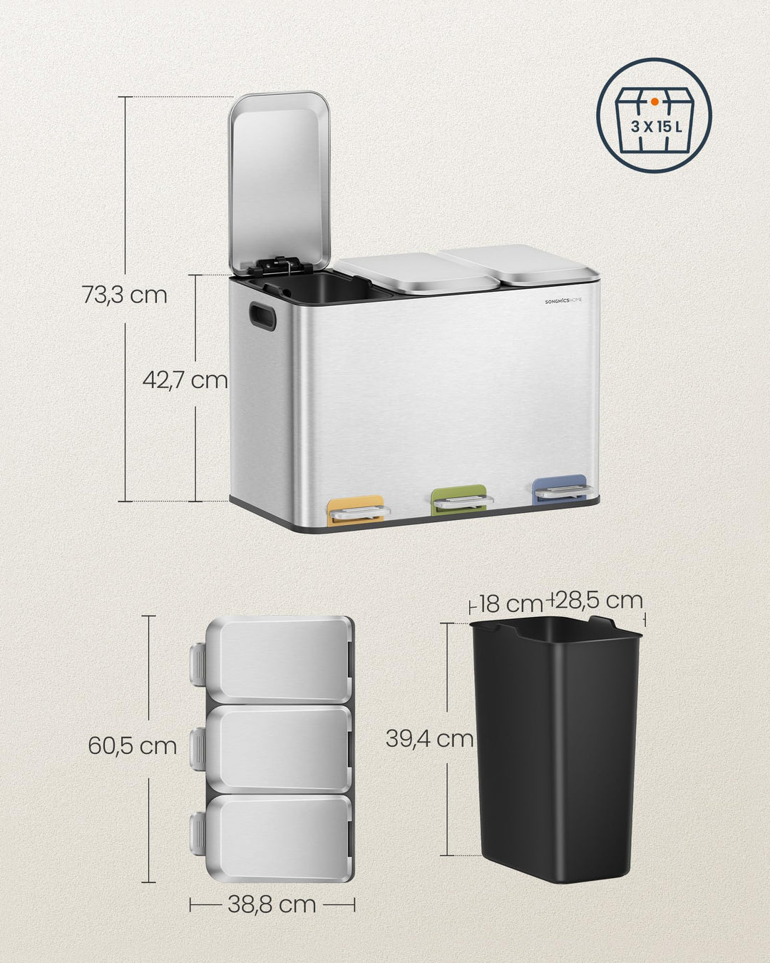 Mülltrennsystem 3-fach 45 L Edelstahl mit Softclose-Deckel - Bild 5