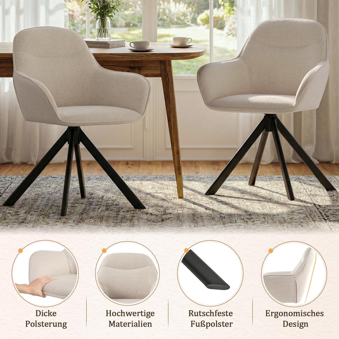 Esszimmerstuhl Drehbar 360° mit Armlehne Leinen Beige 6er Set - Bild 6