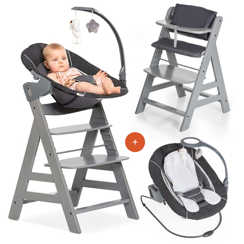 Hochstuhl Buchenholz 4-in-1 Set mit Babywippe und Spielbogen