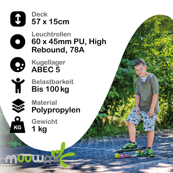 Skateboard mit LED-Leuchtrollen 57x15cm bis 100kg Neon Schwarz - Bild 5