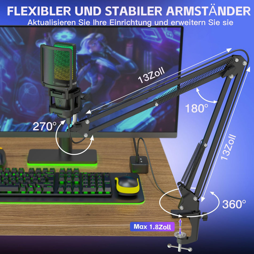 USB-Kondensatormikrofon Set mit Schwenkarm, Stativ &amp; RGB für Podcast - Bild 6