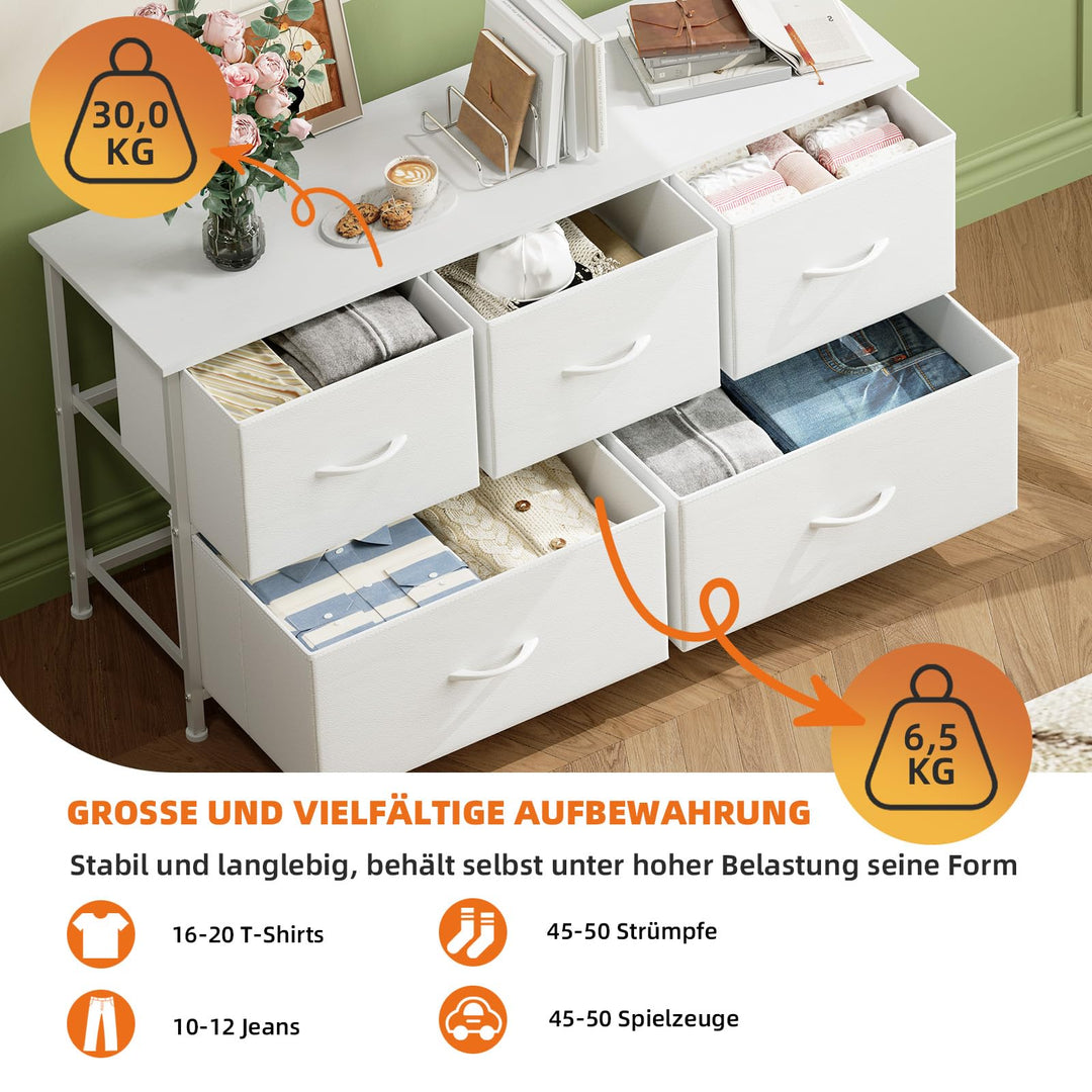 Kommode 5 Stoffschubladen weiss 100 cm breit Schlafzimmer