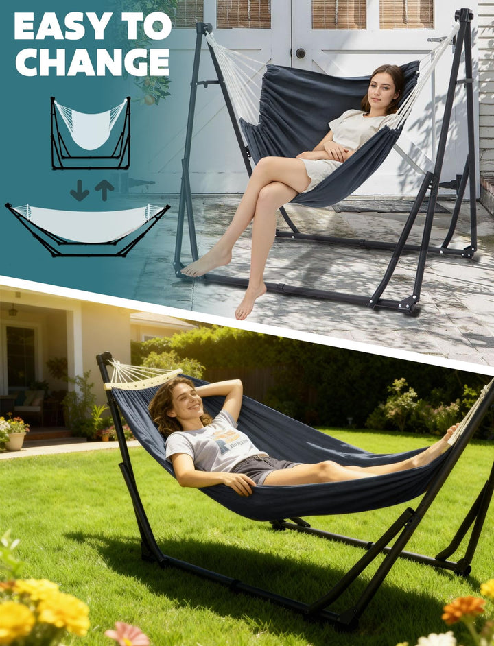 Hängematte und Hängesessel 2-in-1 Set mit Stahlgestell klappbar - Bild 2