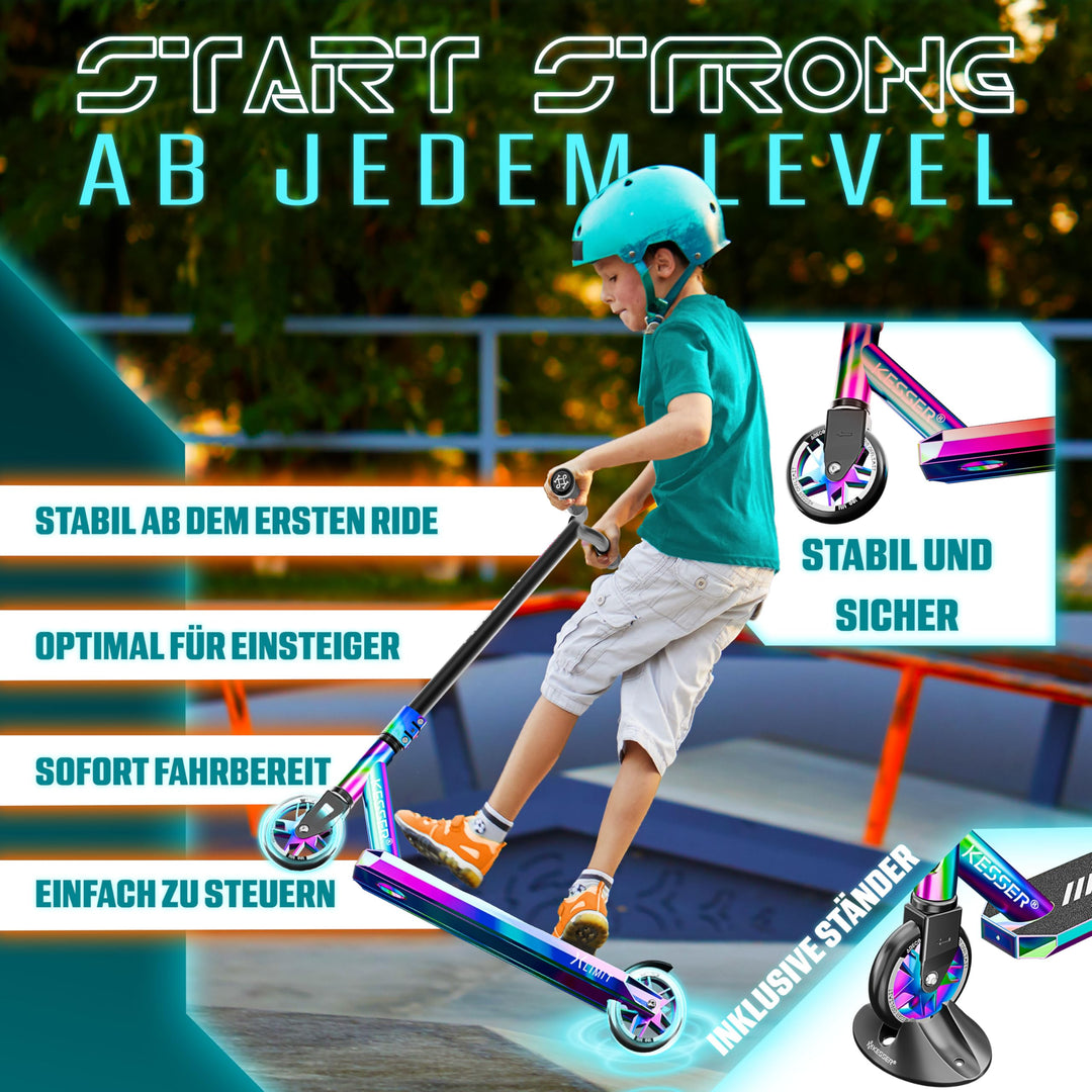 Stunt Scooter 360° Lenkung Aluminium 110mm PU-Räder ABEC 9 mit Ständer - Bild 3