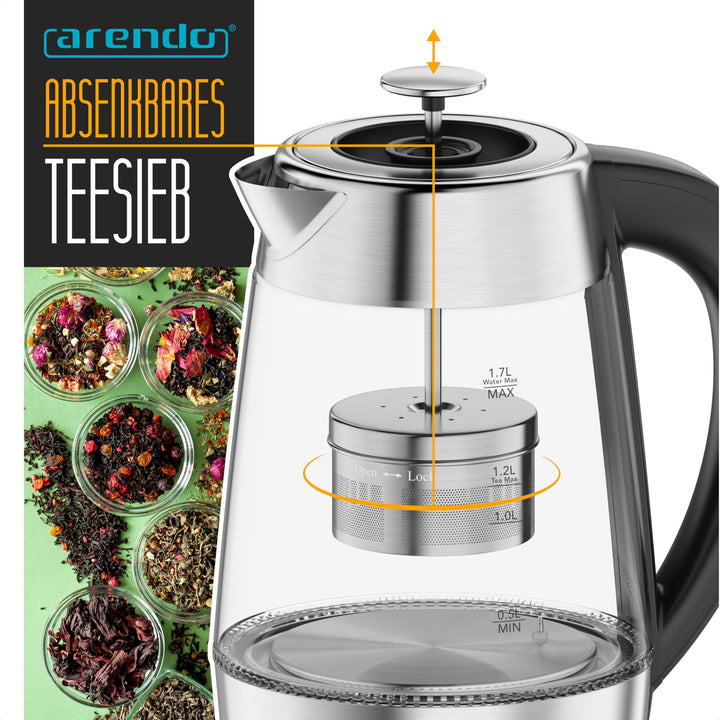 Glas Wasserkocher 2in1 mit Teesieb &amp; Temperaturwahl 1,7 L - Bild 5