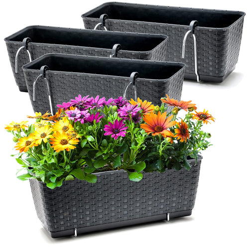 Balkonkasten Anthrazit Rattan-Optik 39cm mit Bewässerungssystem 4er-Set