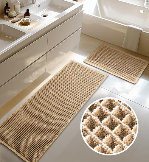 Badteppich Set 2-teilig Boho Waffelmuster rutschfest waschbar