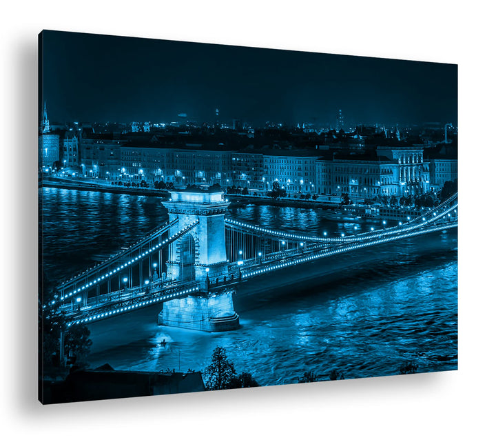 Leinwandbild Kettenbrücke Budapest Monochrom Blau 80x60 cm