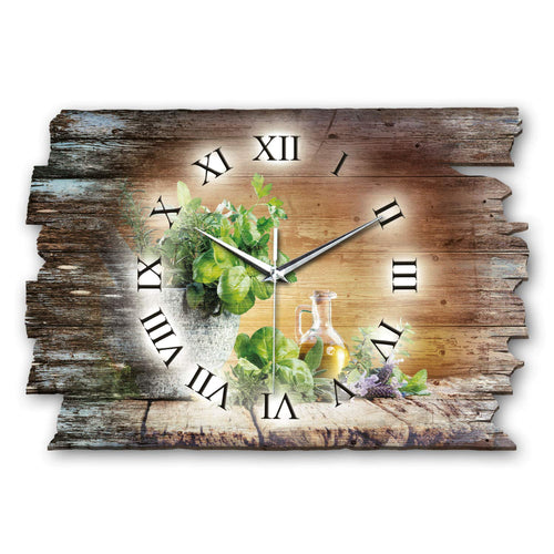 Wanduhr Holz Kräuter-Motiv 40x27cm lautlos Funkuhrwerk Shabby