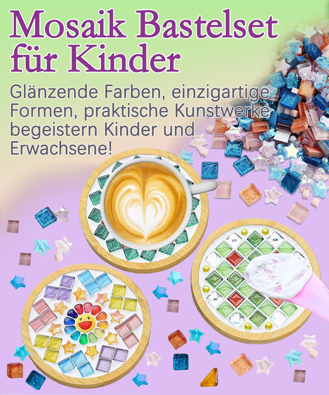 Mosaik Bastelset Kinder Holzuntersetzer DIY Glassteine 4er-Set - Bild 3