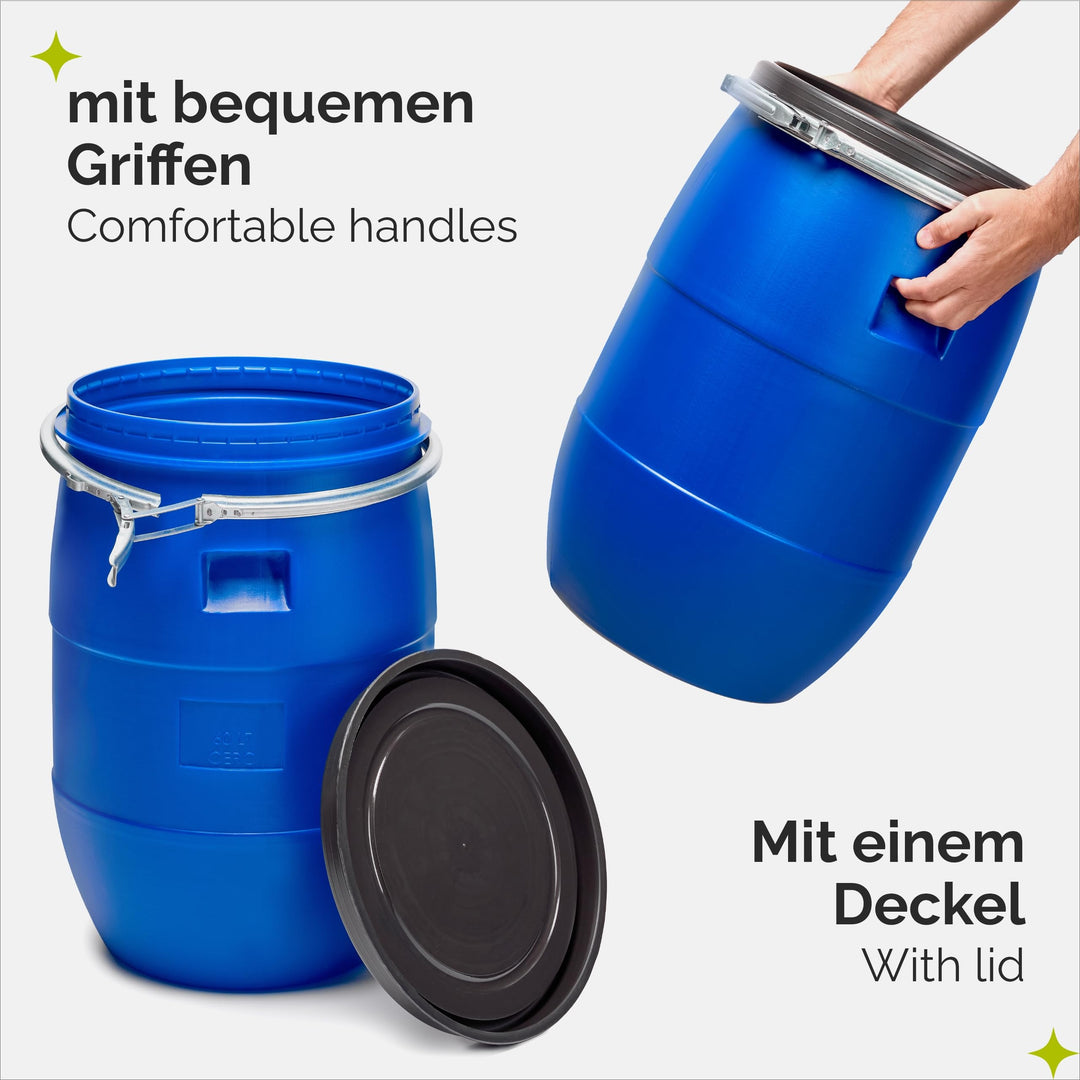 Weithalsfass 60L HDPE lebensmittelecht mit Metallspannring Blau - Bild 3