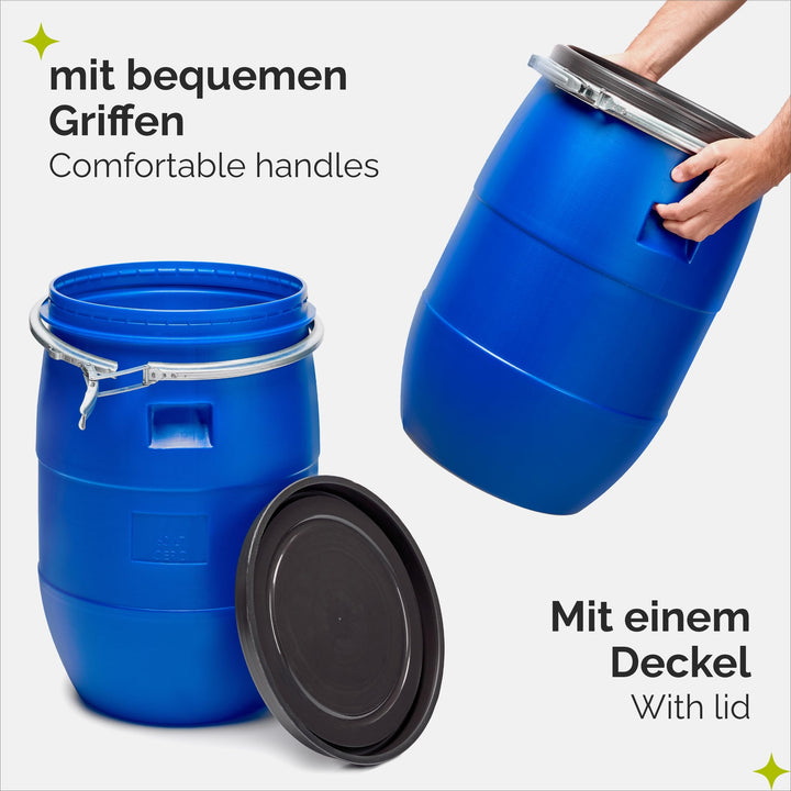 Weithalsfass 60L HDPE lebensmittelecht mit Metallspannring Blau - Bild 3