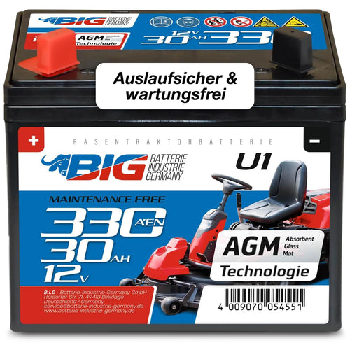 Rasentraktor Batterie AGM 12V 30Ah 330A Pluspol links wartungsfrei