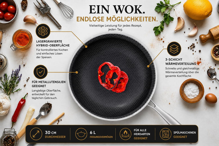 Wokpfanne Edelstahl Ø 30 cm mit Deckel, 6 L, Induktion, Antihaft - Bild 4