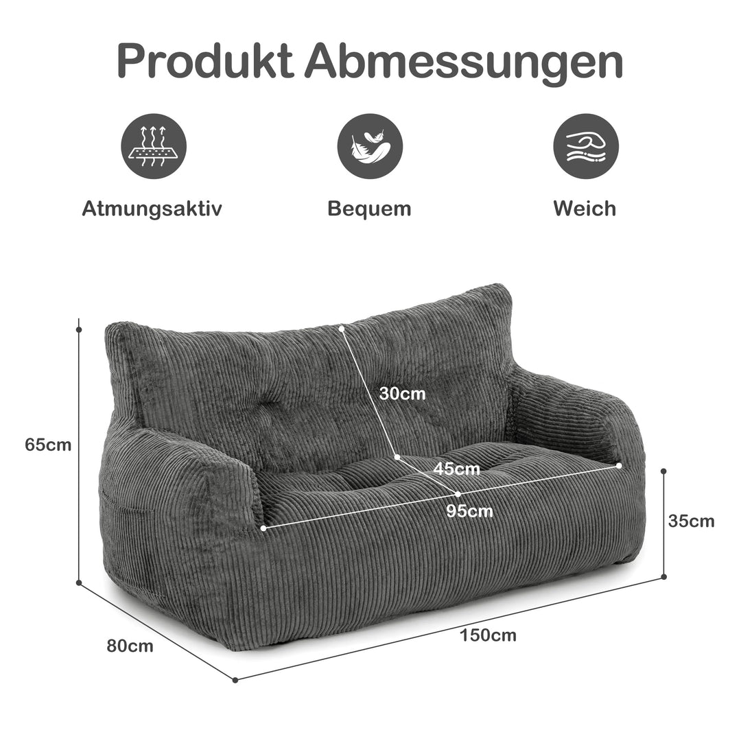 Sitzsack Lounge Sessel Kord Grau mit Armlehnen für Erwachsene - Bild 6