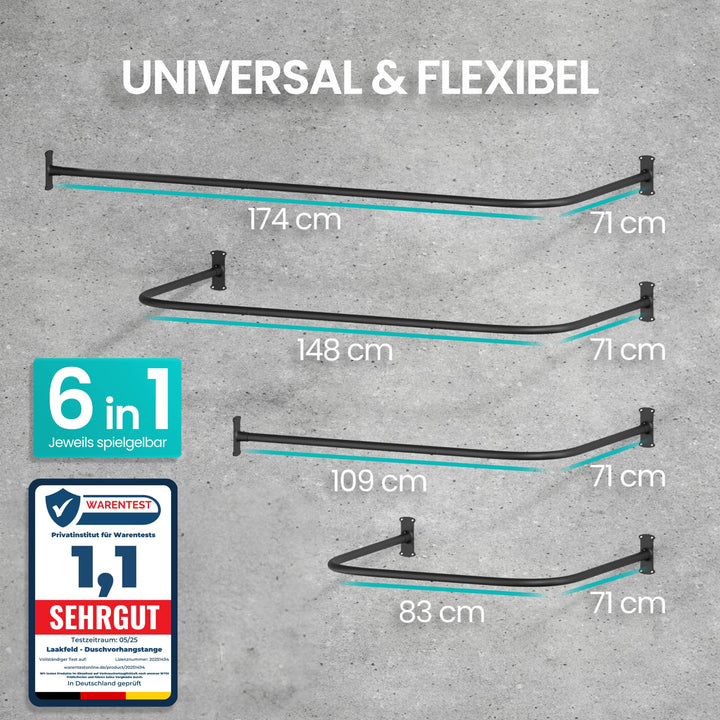 Duschvorhangstange L-Form U-Form 6-in-1 Aluminium mit 12 Ringen - Bild 2