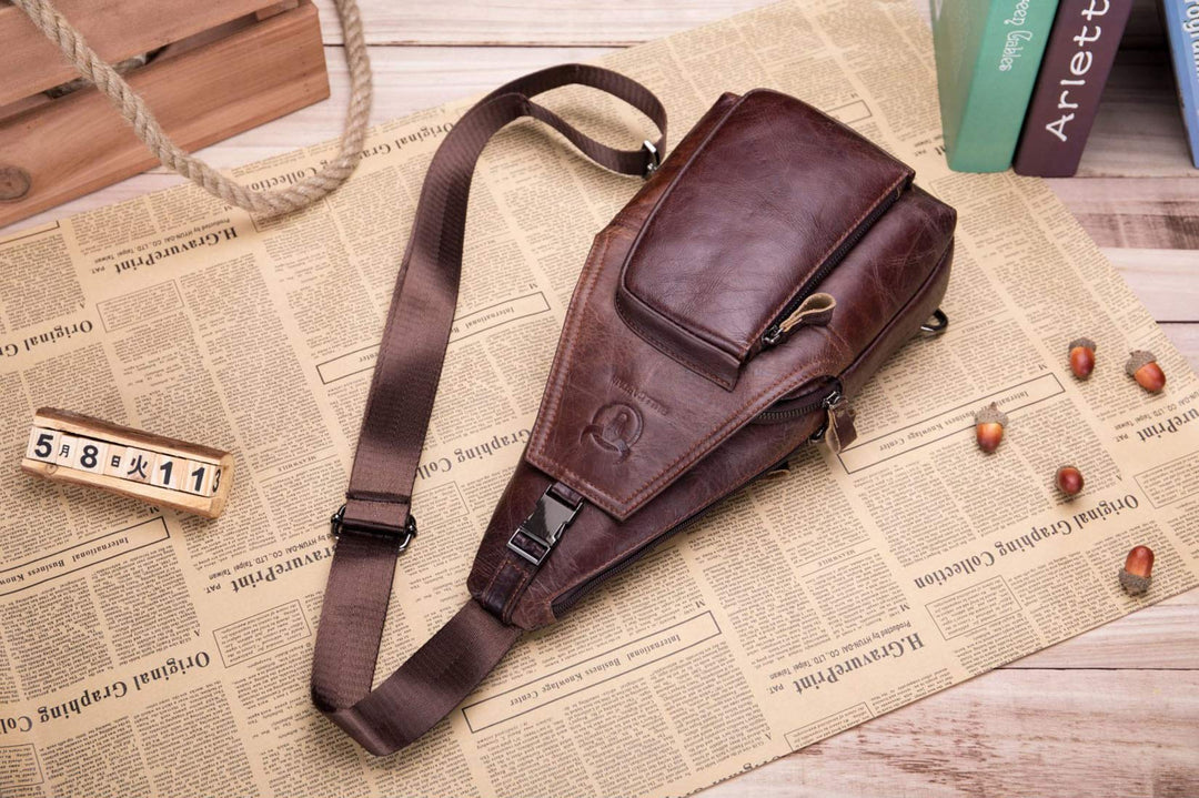 Leder Sling Bag Herren Rindleder Umhängetasche Retro Braun - Bild 2