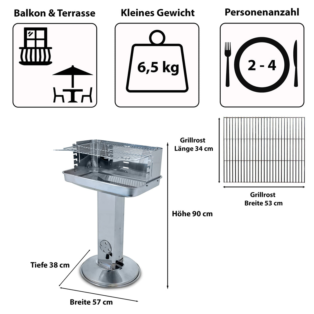 Säulengrill Holzkohle Edelstahl mit verstellbarem Rost 54x34 cm - Bild 10