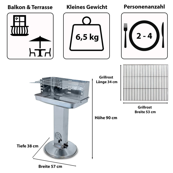 Säulengrill Holzkohle Edelstahl mit verstellbarem Rost 54x34 cm - Bild 10