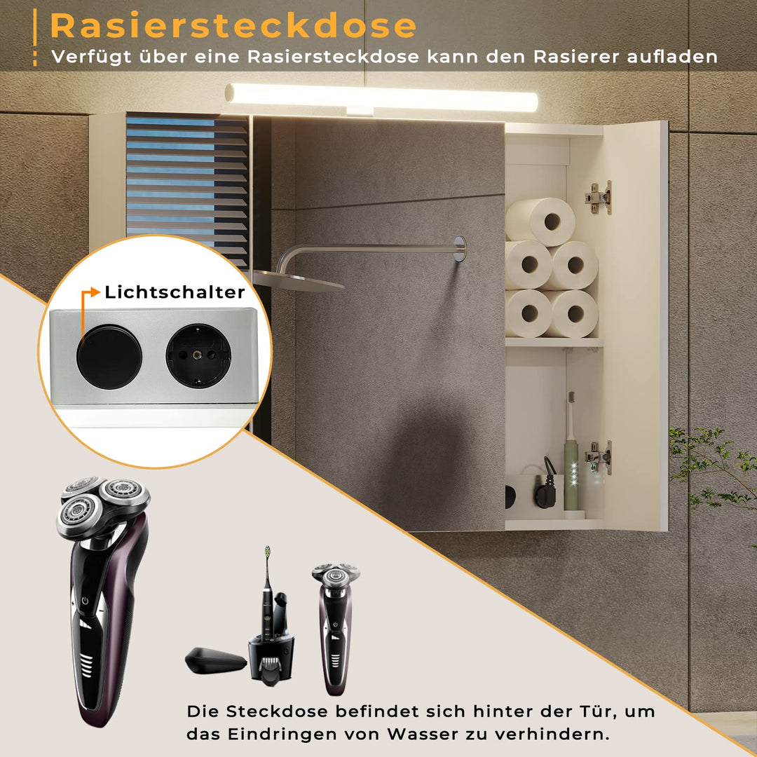 Spiegelschrank Bad mit LED-Beleuchtung 3 Türen Weiss 80x60x16cm - Bild 4