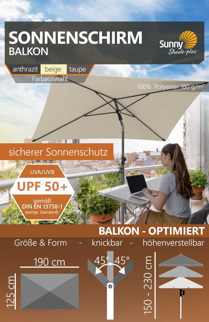 Balkon-Sonnenschirm Set 200x125 cm UV50+ rechteckig mit Halterung Beige - Bild 4