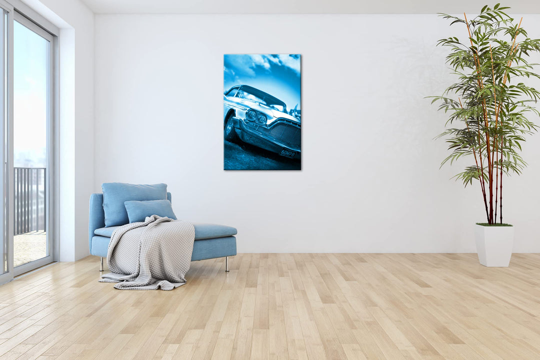 Leinwandbild Oldtimer Auto Monochrom Blau 80x60 cm Echtholzrahmen - Bild 4