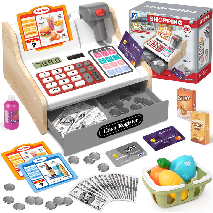 Kaufladen Kasse Holz mit Scanner, Spielgeld &amp; Einkaufskorb