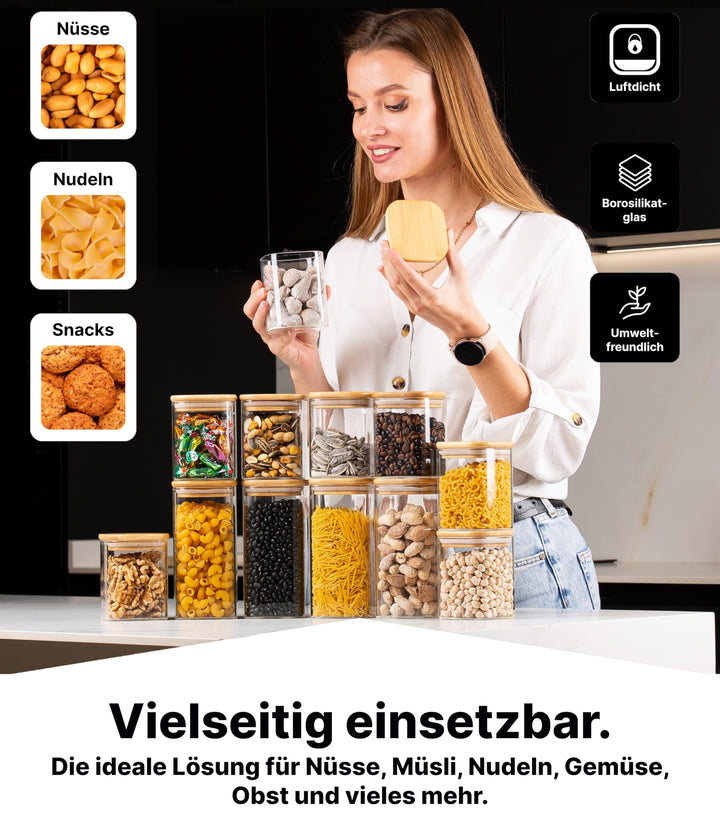 Vorratsgläser eckig Borosilikatglas 12er-Set mit Bambusdeckel - Bild 10