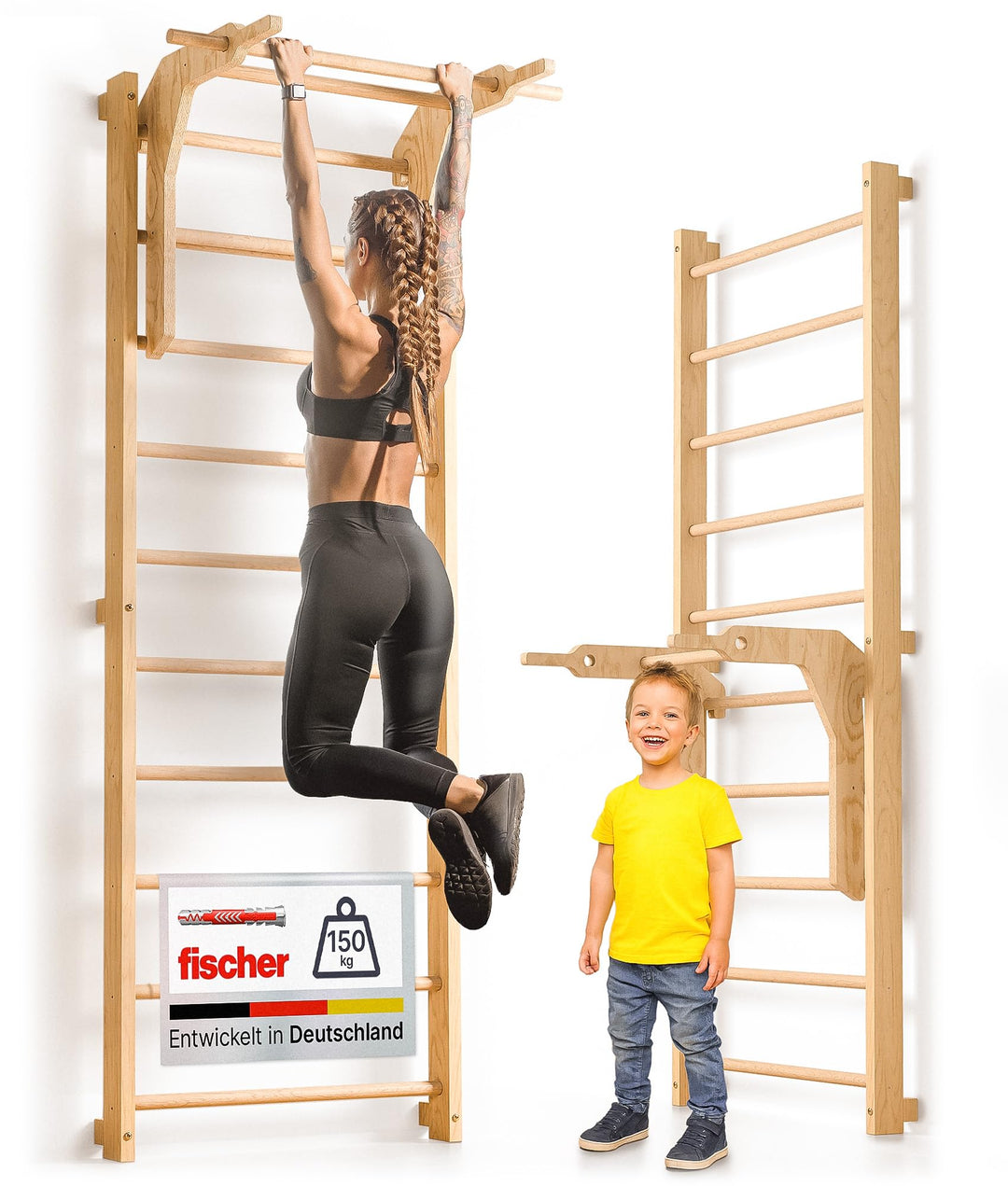 Sprossenwand Holz mit Klimmzugstange &amp; Dip Extension für Erwachsene und Kinder
