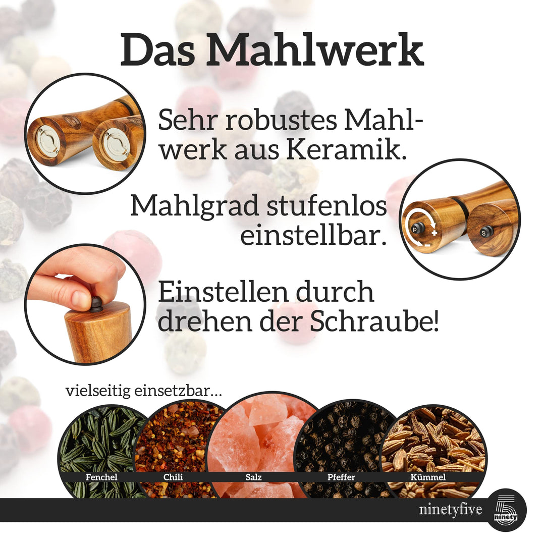 Salz- und Pfeffermühlen Set Akazienholz mit Keramikmahlwerk 21cm - Bild 5
